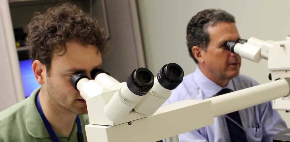 Resident looking through a microscope with his mentor