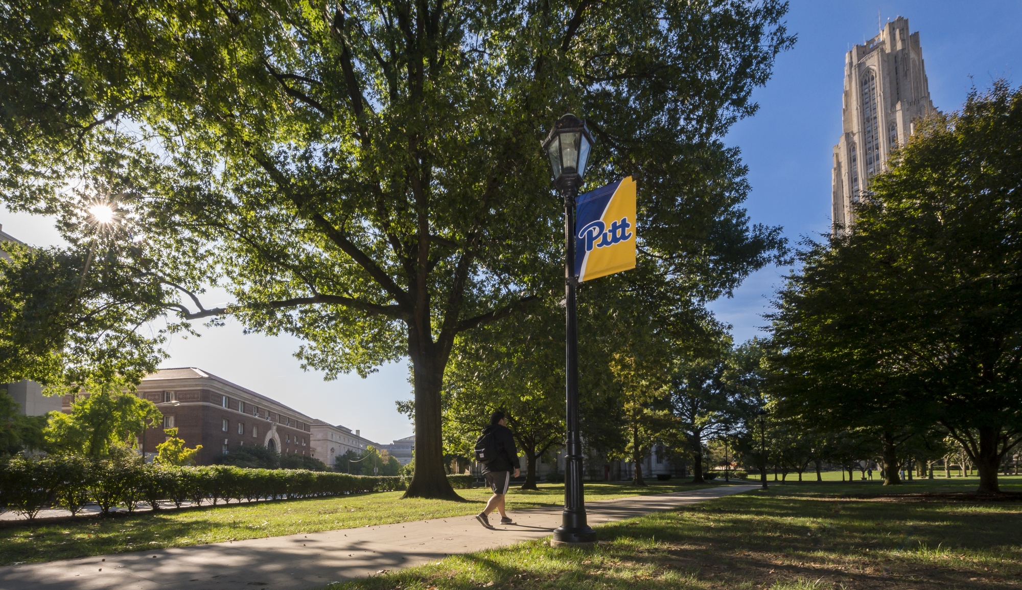 Student walking through Pitt's Campus in the summer time